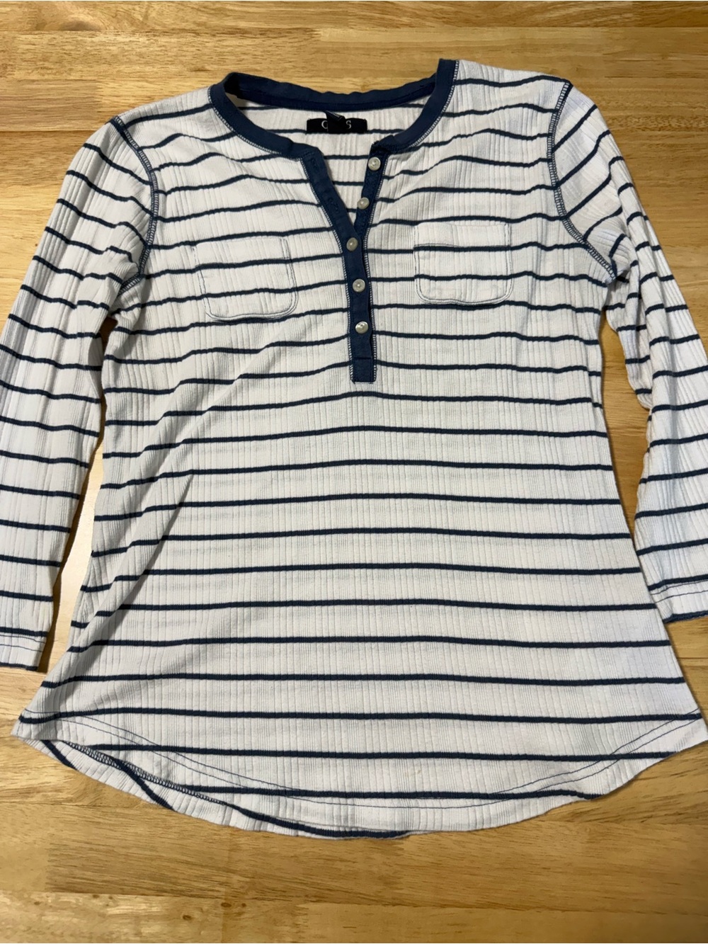 Chaps Women’s Ribbed Henley Top White Blue Striped Long Sleeve Size Medium
